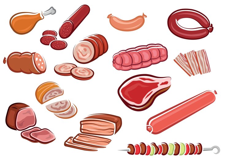Vector meat products in cartoon style including  bacon strips, sliced sausages and roast beef, fresh steak, chicken leg, kebab with vegetables on skewer suited for steak house or butcher shop design
