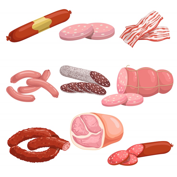 Vector meat products in cartoon style set.