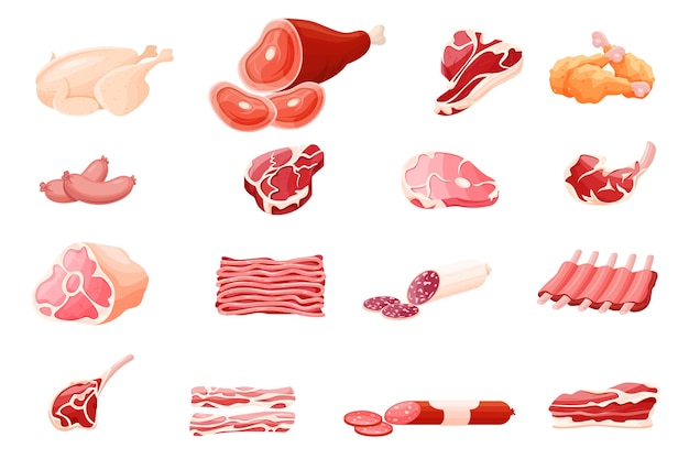 Meat products flat illustrations set