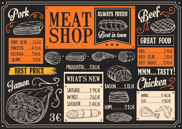 Vector meat products menu of meat sketch on chalkboard