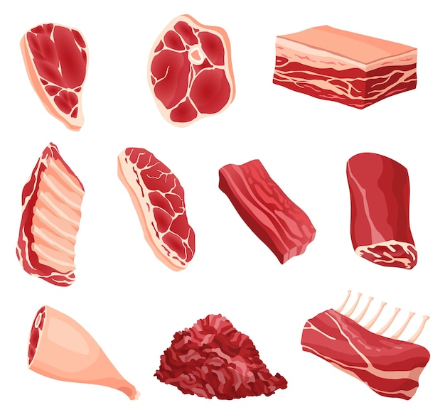 Prodotti a base di carne e carne cruda illustrazione per il prodotto concettuale del mercato degli agricoltori o del negozio diversi tipi di carne icone dei prodotti dei cartoni animati