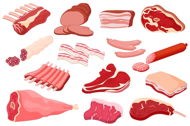 meat products a set of illustrations for a butcher shop beef steak pork ham bacon carbonate