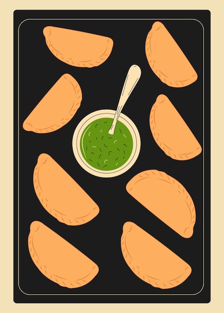 Meat roasted  empanadas on a baking sheet with sauce. vector illustration