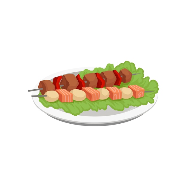 Meat and salmon kebab grilled food on a skewers served on a plate vector Illustration isolated on a white background