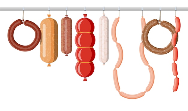 Vector meat sausage collection. cut sausage slices with fat. boiled smoked meat product. delicatessen gastronomic product of beef, pork or chicken. pepperoni or salami. vector illustration in flat style
