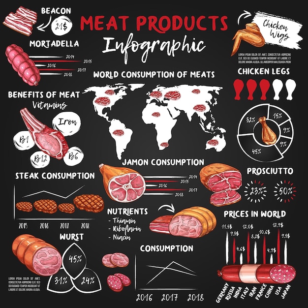 Vector meat and sausage food infographics chalk graphs