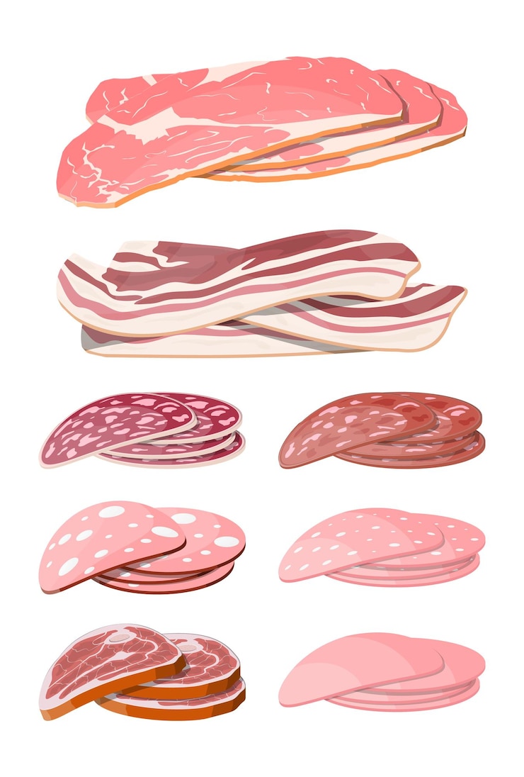 Vector meat sausage slice set. cut sausage slices with fat. boiled smoked meat bacon ham product. delicatessen gastronomic product of beef pork chicken. pepperoni salami. vector illustration flat style