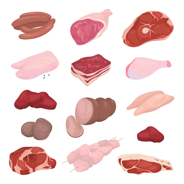 Vector meat set. collection of beef and pork steak, ham