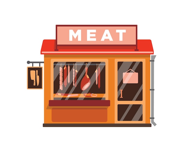 Meat shop flat vector illustration. Butcher store building facade with signboard isolated on white background. Small kiosk with salami, pork, beef, red meat, sausages and chicken at showcase.