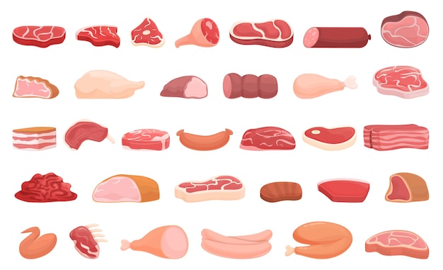 Vector meat shop icons set cartoon vector. food protein