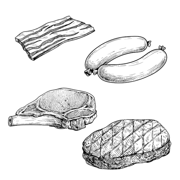 Vettore insieme di abbozzo di carne. fetta di pancetta, salsicce, bistecca di maiale con costata e bistecca alla griglia. illustrazioni disegnate a mano di macelleria