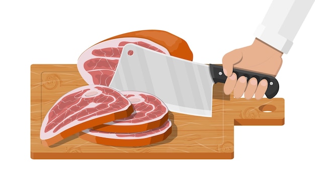 Meat steak chopped on wooden board with kitchen knife