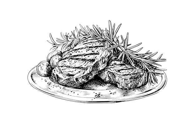 Vector meat steak on the plate hand drawing sketch engraving style vector illustration