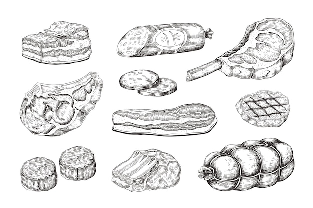 Мясной стейк. эскиз старинных продуктов питания с мясными продуктами, свиной ветчиной, беконом, баранины и бифштексом. рисованное меню гриля