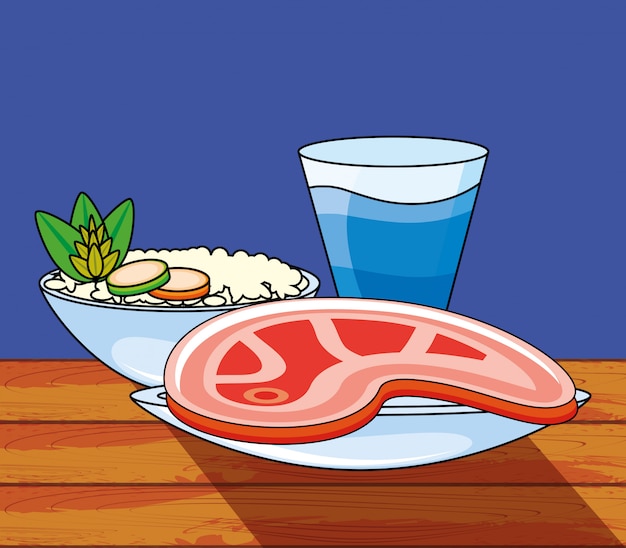 米と飲み物の肉ステーキ