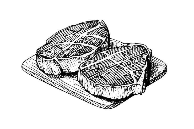 Vector meat steak on wood board hand drawing sketch engraving style vector illustration