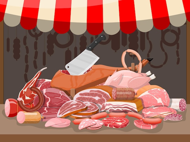 Уличный мясной рынок. Прилавок мясного магазина. Прилавок мясной лавки или витрины. Продукт нарезки колбасы. Деликатесный гастрономический продукт из говядины, свинины, курицы. Салями пепперони. Векторная иллюстрация плоский стиль