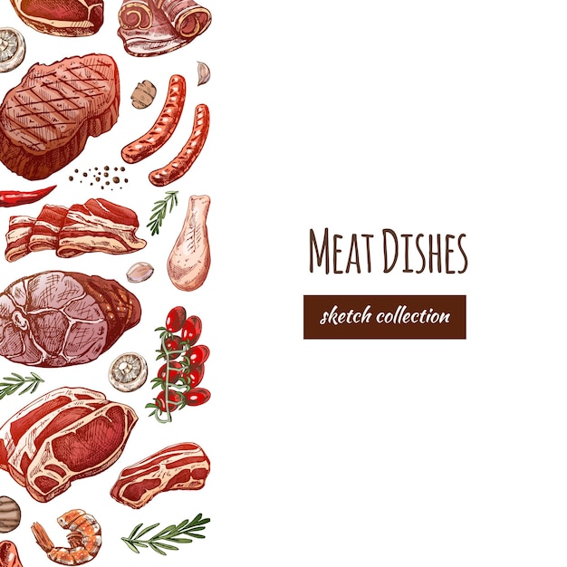 바베큐 고기 조각의 새겨진 스타일의 컬러 스케치에서 고기 및 채소 메뉴 템플릿