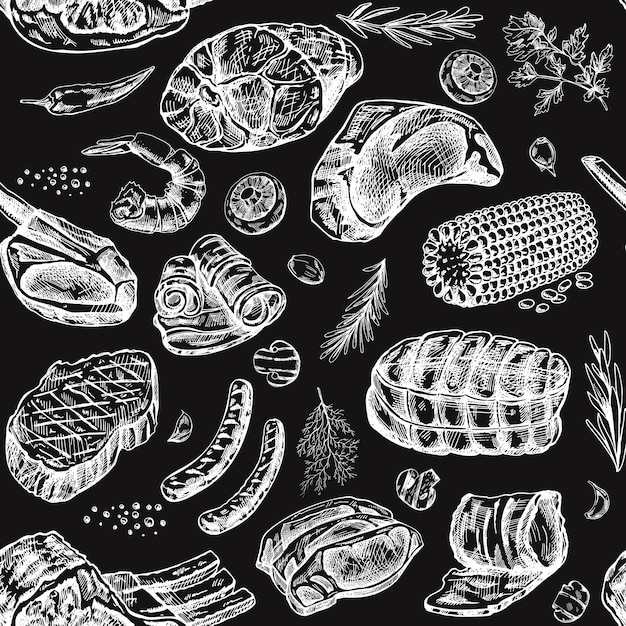 Meat and vegetables seamless pattern in engraved vintage style barbecue meat pieces on chalkboard