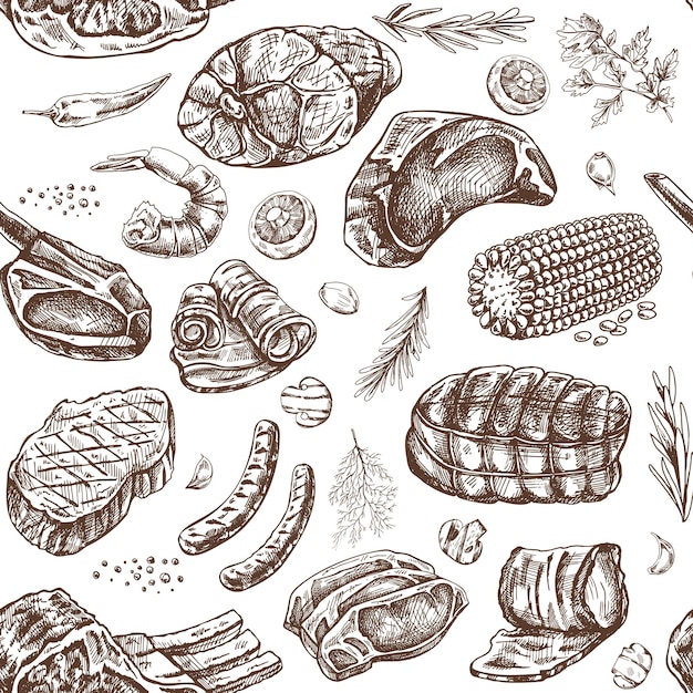 Meat and vegetables seamless pattern in engraved vintage style barbecue meat pieces