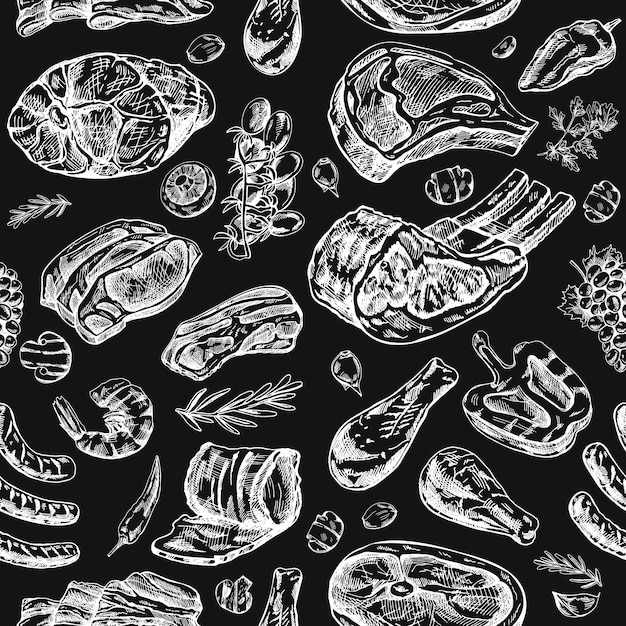 Vector meat and vegetables seamless pattern in engraved vintage style