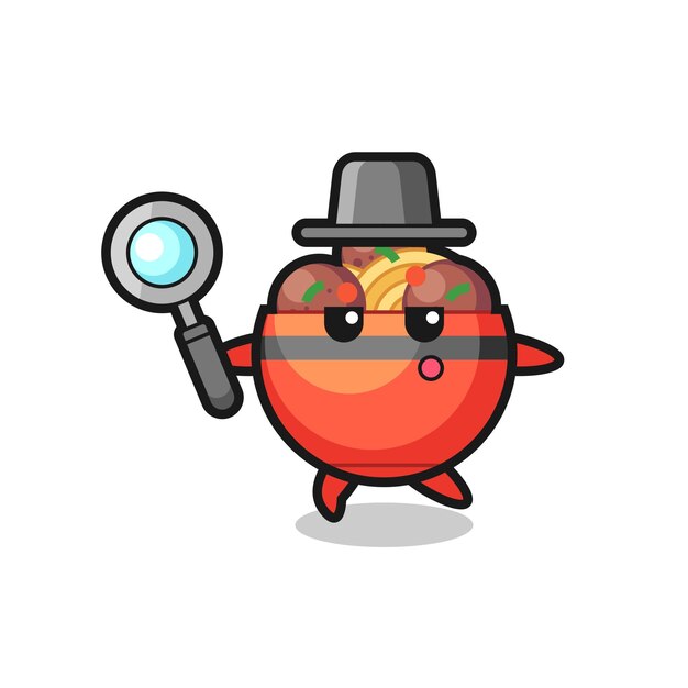 Vector meatball bowl cartoon character searching with a magnifying glass