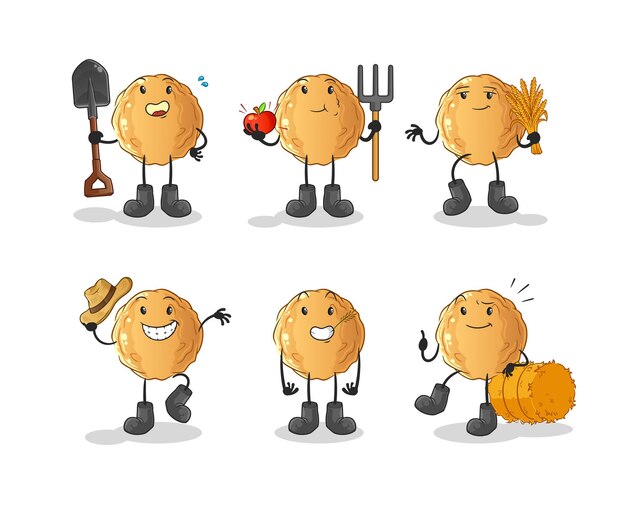 The meatball farmer group character. cartoon mascot vector