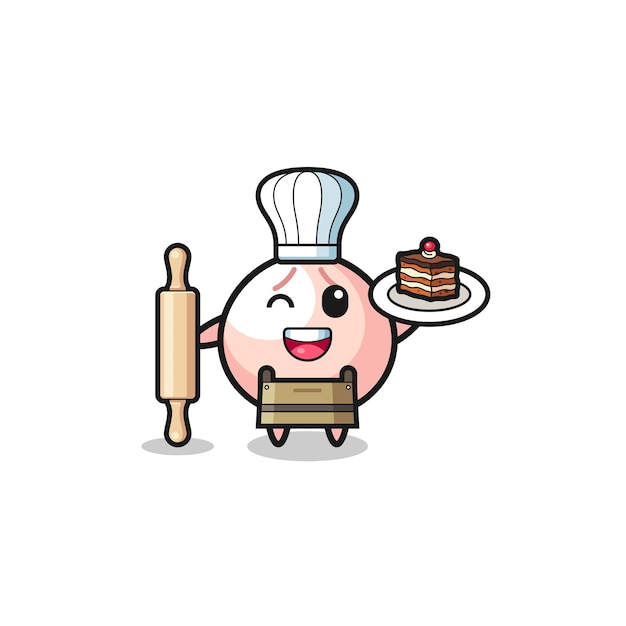 Meatbun as pastry chef mascot hold rolling pin , cute design