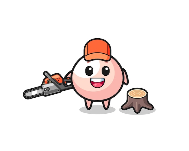 Meatbun lumberjack character holding a chainsaw , cute design