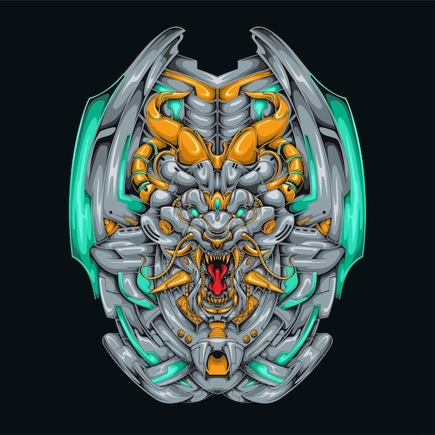 Mecha Leeuw Draak Cyberpunk Illustratie Oude Draak Leeuwenkop Schild Shirt Design met een Robot Thema