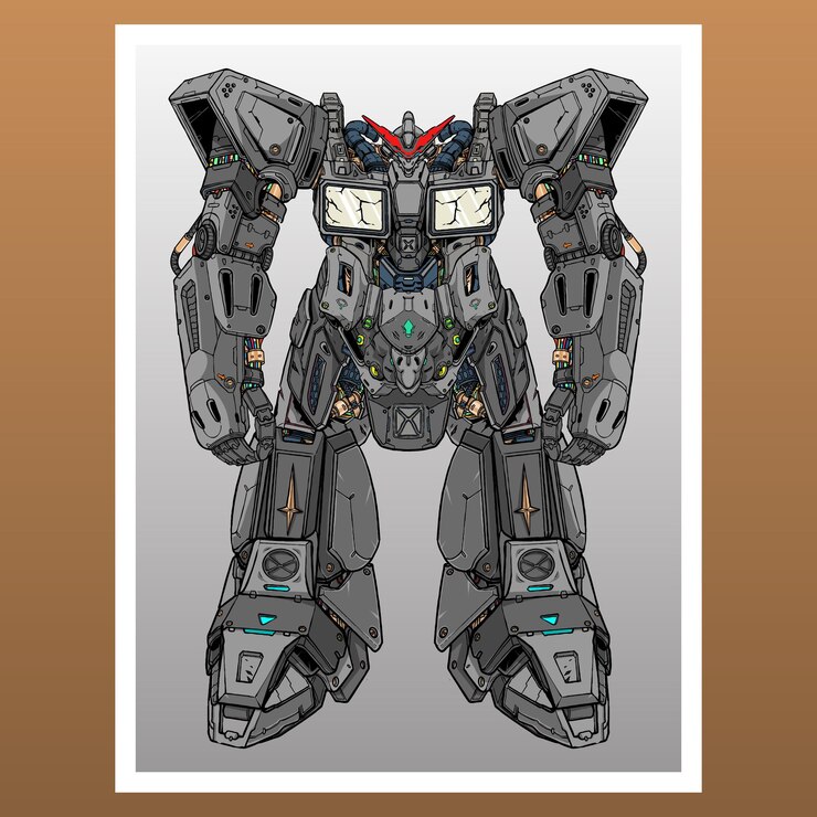 Vector mecha robot roboticbuilded by head arm body leg weapon illustration premium vector