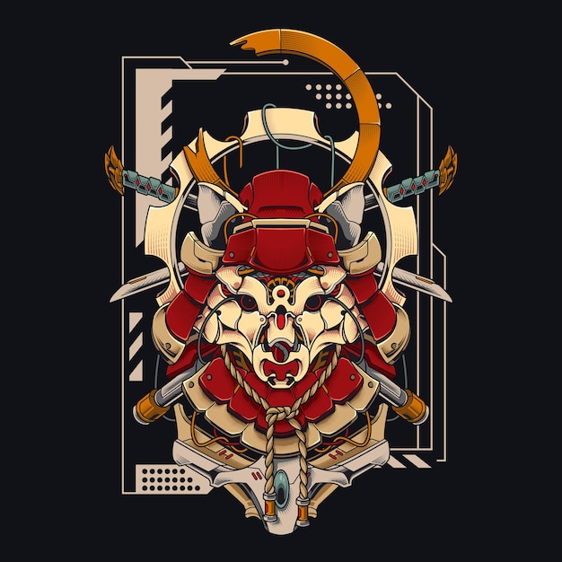Mecha samurai fox cyberpunk illustratie fox head met twee korte samurai swords shirt design met een robotthema