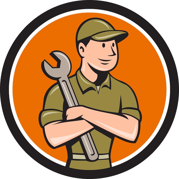 Mechanic Arms Crossed Spanner Circle Cartoon