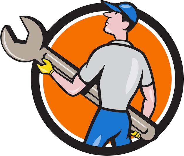 Vector mechanic carrying giant spanner circle cartoon