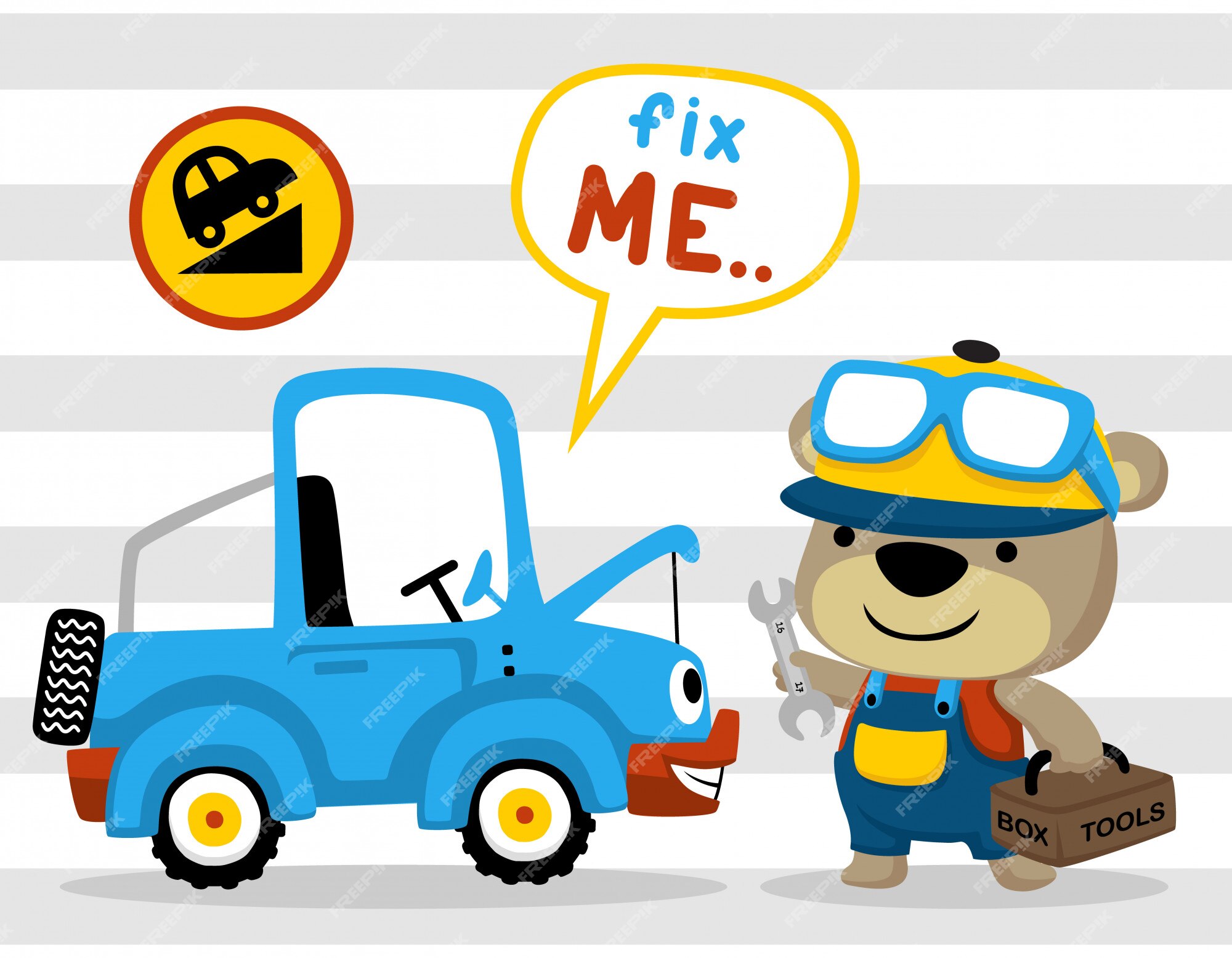 Premium Vector | Mechanic cartoon with funny car on striped background