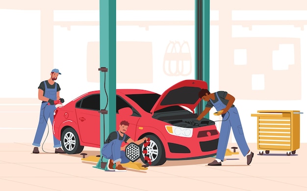 Vector mechanic characters in blue overall stand near broken car with open hood holding instruments, workers fixing, checking and maintenance auto, city repair service. cartoon people vector illustration