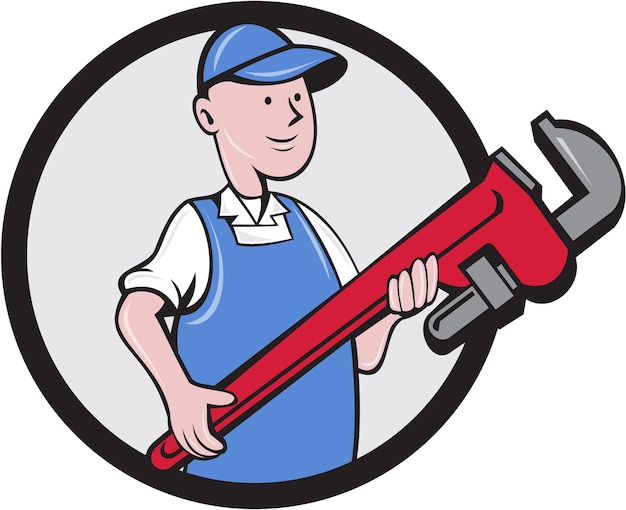 Mechanic Cradling Pipe Wrench Circle Cartoon