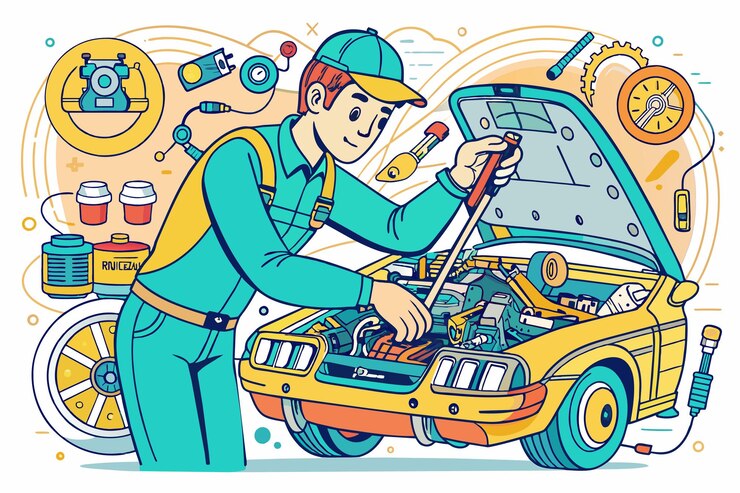 Vector 기계공은 잘 장착된 차고 작업 공간에서 손상된 엔진 부품을 신중하게 검사합니다.