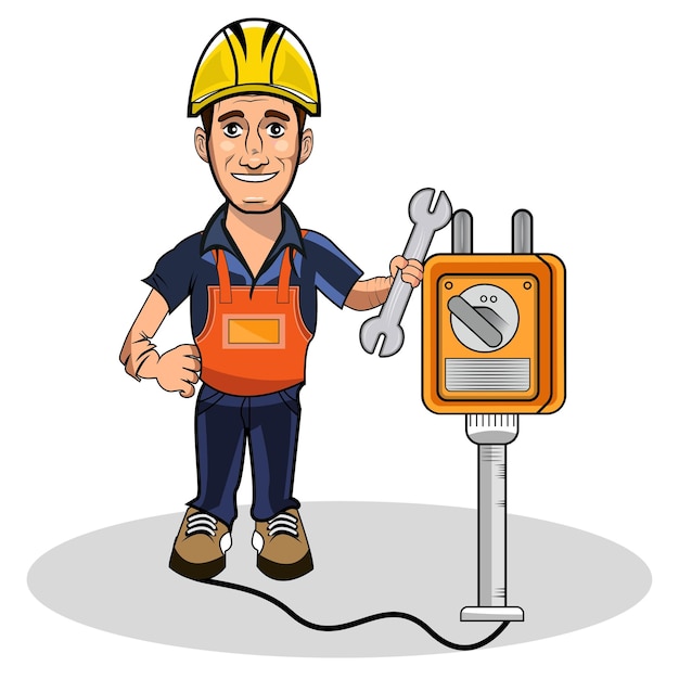 Vector mechanic or electrician holding wrench stock cartoon electrician illustration