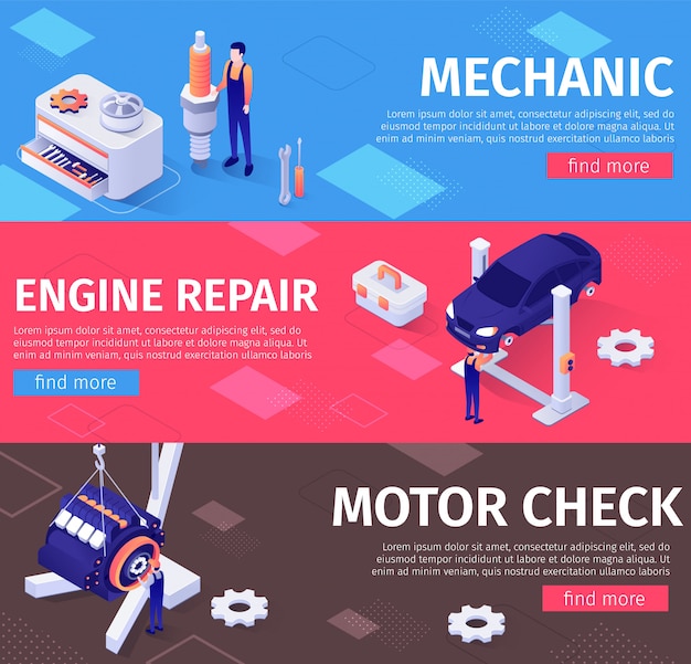 Mechanic, engine repair and check service banners