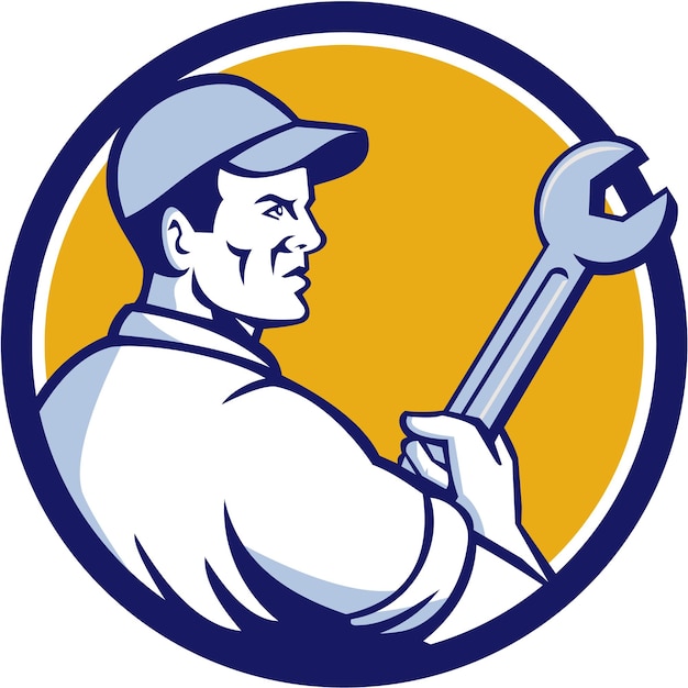 Mechanic Holding Monkey Wrench Circle Retro