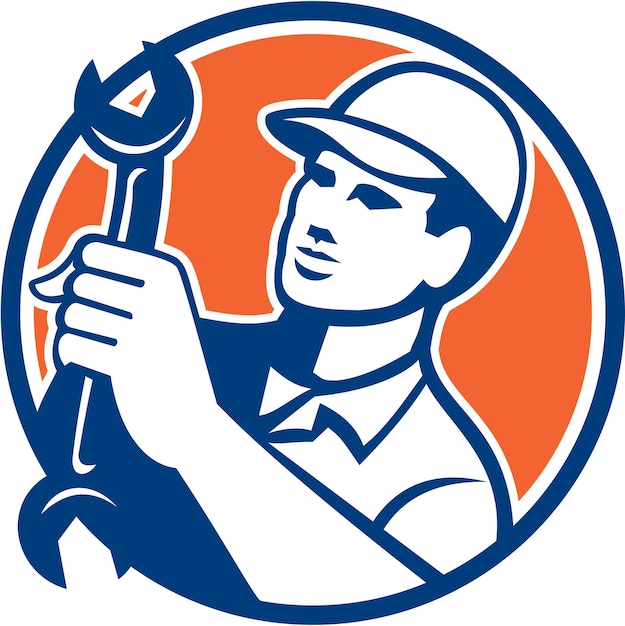 Mechanic holding spanner wrench circle retro