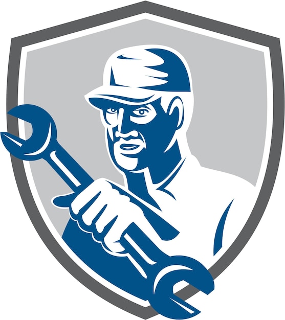 Mechanic Holding Spanner Wrench Shield Retro
