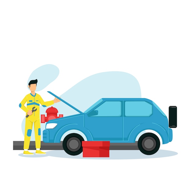 The mechanic holds a wrench with a broken car