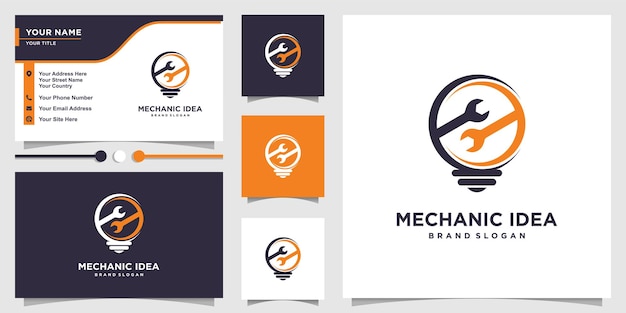 Mechanic idea logo with creative concept and business card design template premium vector