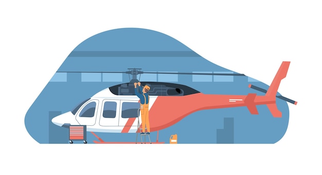 Vector mechanic is repairing the engine of a helicopter vector illustration