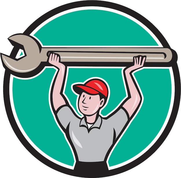 Mechanic lifting wrench circle cartoon