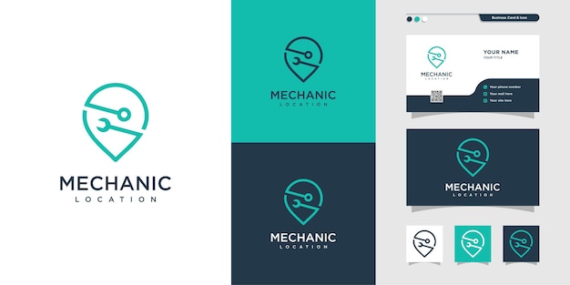 Mechanic location logo and business card design pin location map service repair premium vector