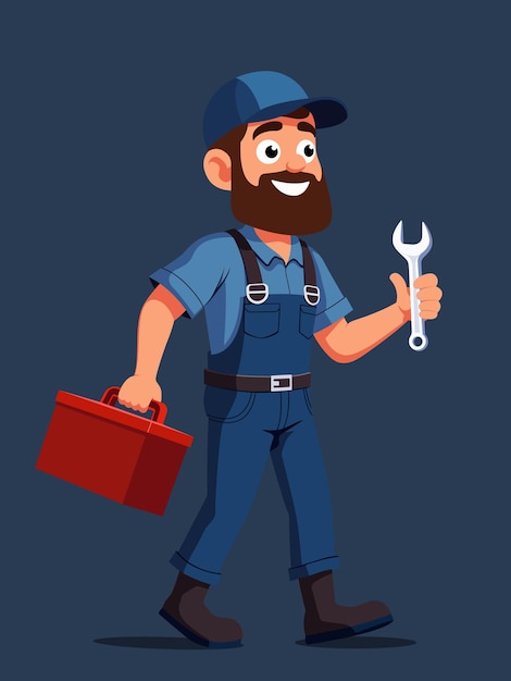 Mechanic met gereedschapskist en sleutel in blauwe overalls
