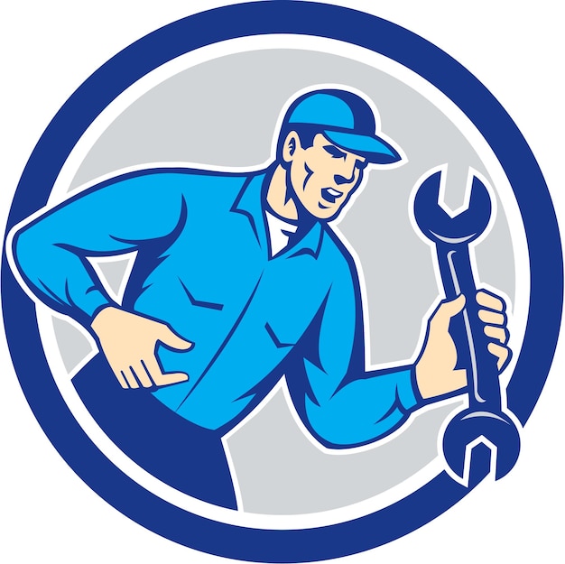 Vector mechanic shouting holding spanner wrench circle retro